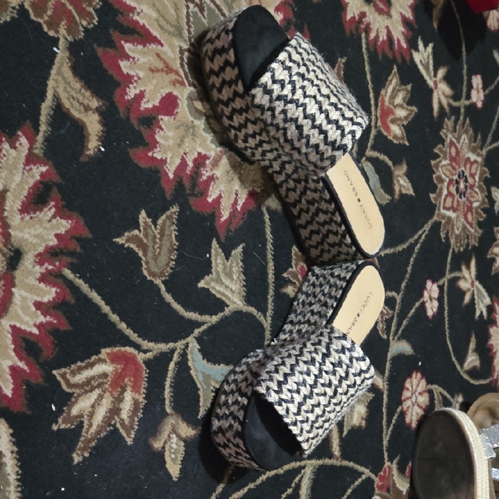 Lucky Brand Black and Cream Woven Mules
